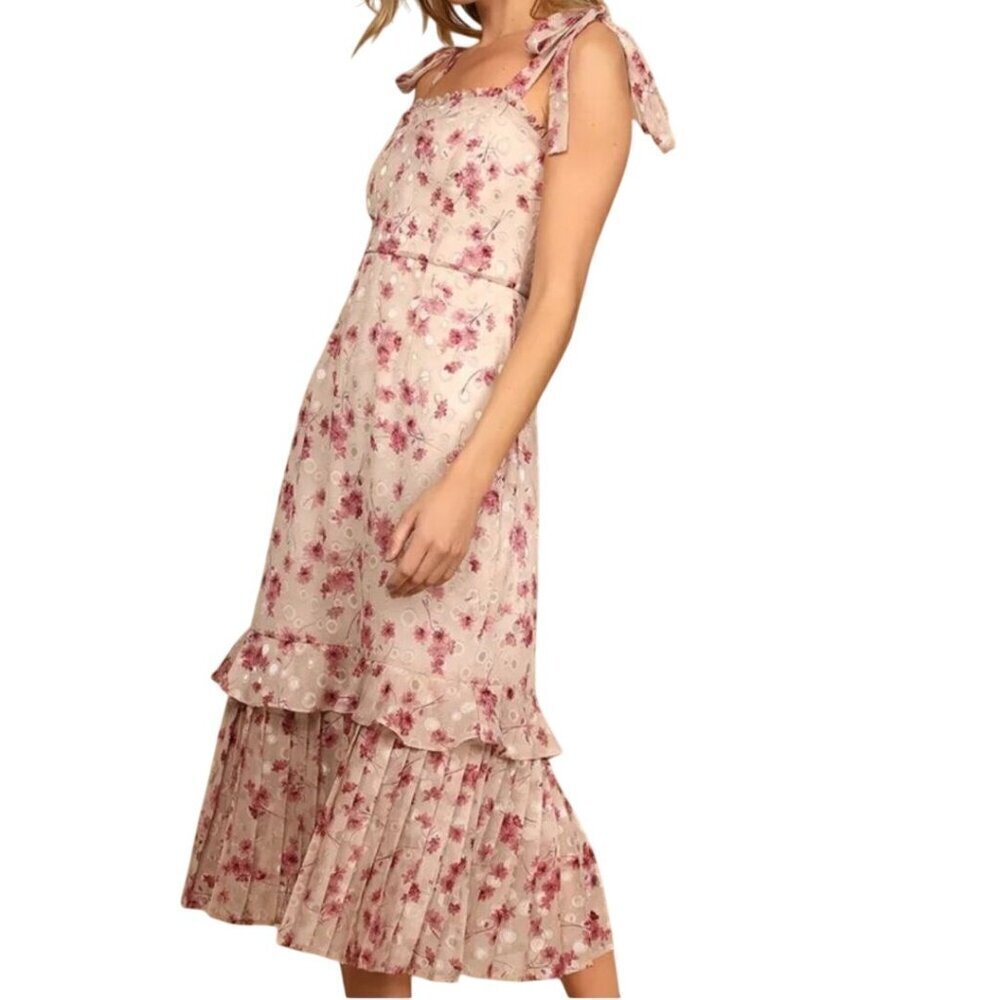 Lulus NWT Taupe Pink Floral Ruffled Pleated Hem Midi Dress Size XL